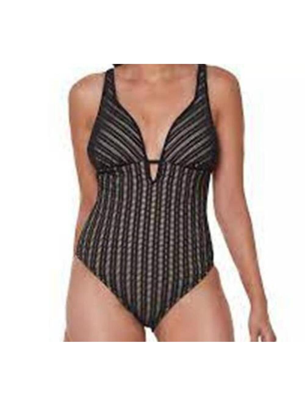 1851 Bar III Plunging Crochet One-Piece Swimsuit BLACK sz S